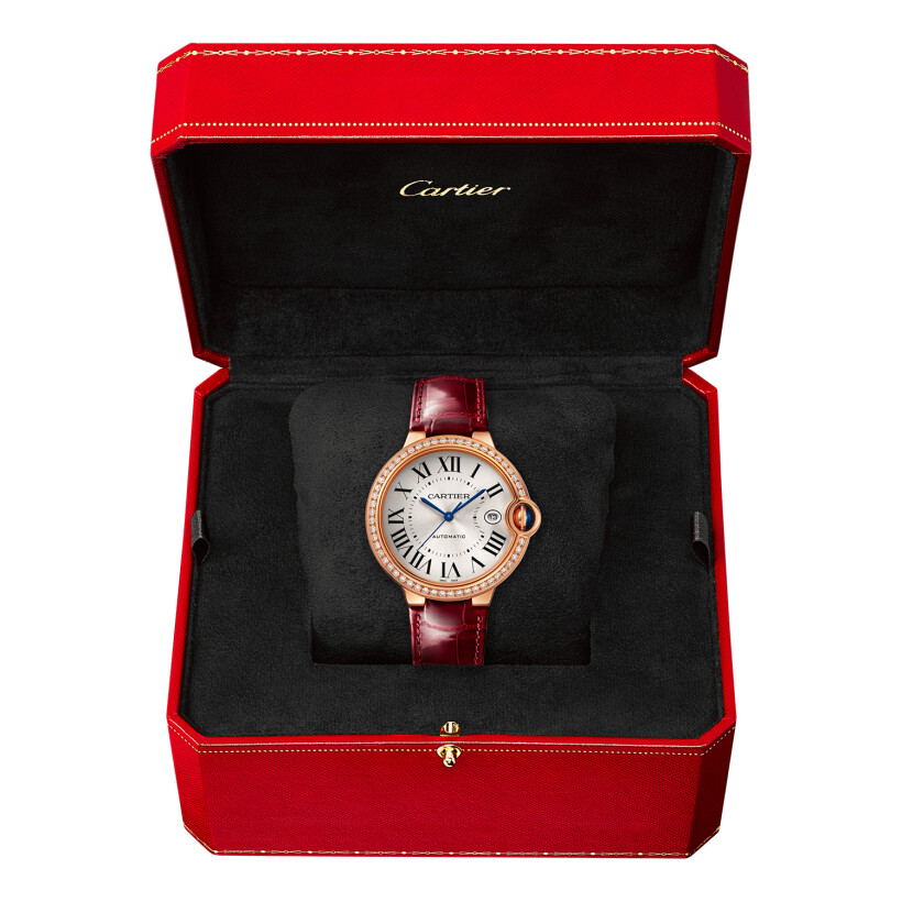 Ballon Bleu de Cartier watch, 40mm, automatic movement, rose gold, diamonds, leather