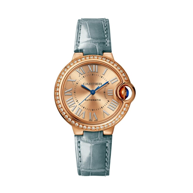 Ballon Bleu de Cartier watch, 33 mm, automatic movement, 18K rose gold, diamonds, leather
