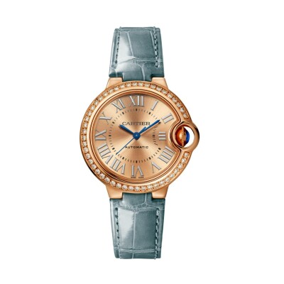 Montre Ballon Bleu de Cartier 33mm, mouvement automatique, or rose, diamants, cuir