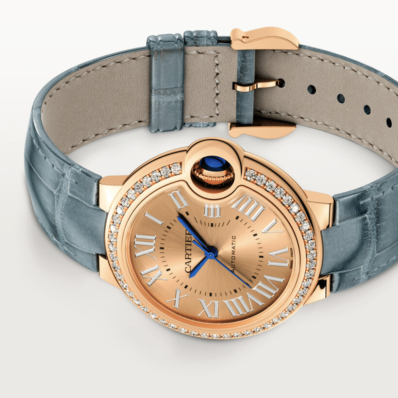 Ballon Bleu de Cartier watch, 33 mm, automatic movement, 18K rose gold, diamonds, leather