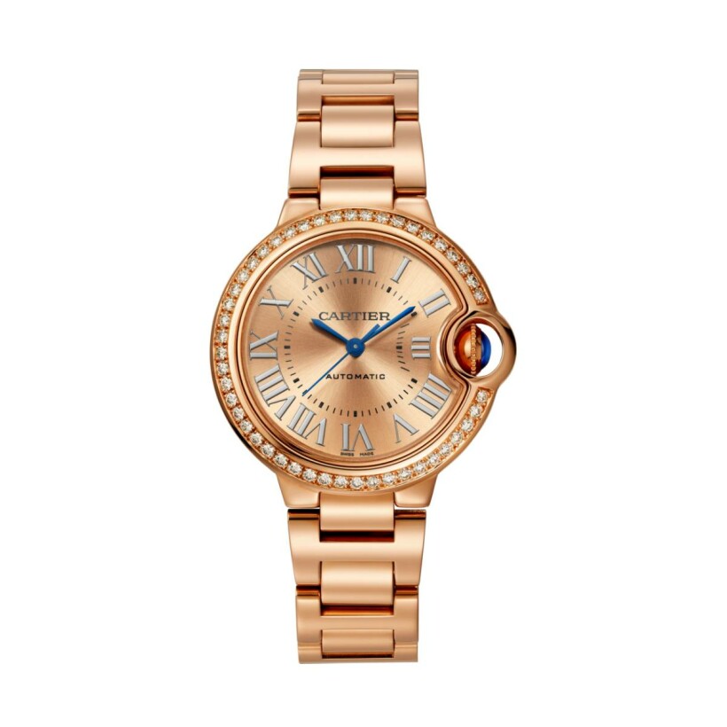 Ballon Bleu de Cartier watch, 33 mm, automatic movement, 18K rose gold, diamonds