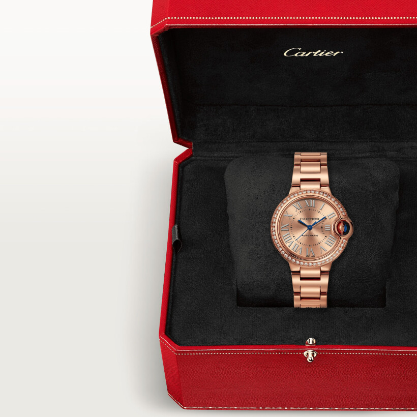 Ballon Bleu de Cartier watch, 33 mm, automatic movement, 18K rose gold, diamonds