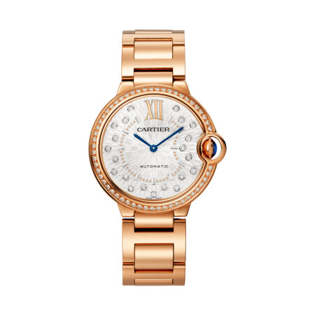 Ballon Bleu de Cartier watch 36 mm, automatic mechanical movement, rose gold, diamonds.