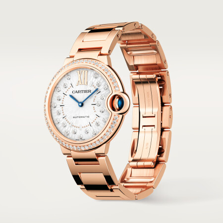 Ballon Bleu de Cartier watch 36 mm, automatic mechanical movement, rose gold, diamonds.