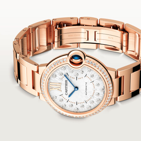 Ballon Bleu de Cartier watch 36 mm, automatic mechanical movement, rose gold, diamonds.