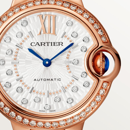 Ballon Bleu de Cartier watch 36 mm, automatic mechanical movement, rose gold, diamonds.