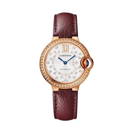 Ballon Bleu de Cartier watch 33 mm, automatic mechanical movement, rose gold, diamonds, leather.