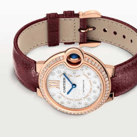 Ballon Bleu de Cartier watch 33 mm, automatic mechanical movement, rose gold, diamonds, leather.