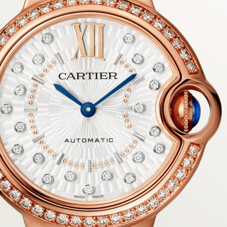 Ballon Bleu de Cartier watch 33 mm, automatic mechanical movement, rose gold, diamonds, leather.