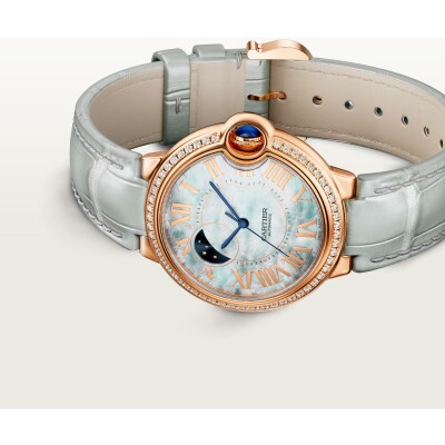 Ballon Bleu de Cartier watch 36 mm, automatic movement, rose gold, diamonds, leather