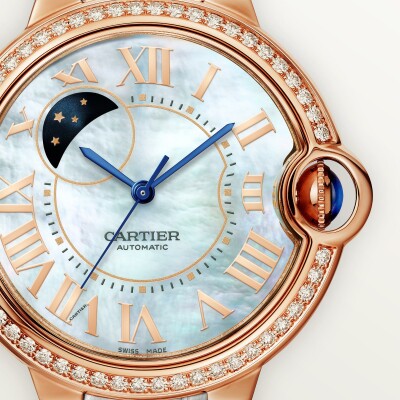 Ballon Bleu de Cartier watch 36 mm, automatic movement, rose gold, diamonds, leather