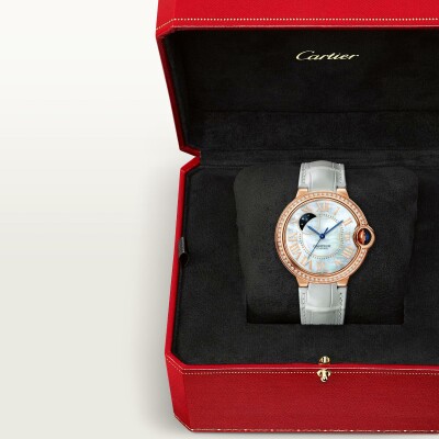 Ballon Bleu de Cartier watch 36 mm, automatic movement, rose gold, diamonds, leather