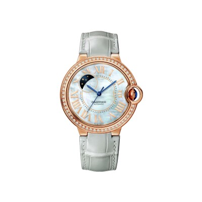 Ballon Bleu de Cartier watch 36 mm, automatic movement, rose gold, diamonds, leather