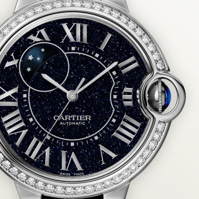 Montre Ballon Bleu de Cartier 36mm, mouvement automatique, or gris, diamants, cuir