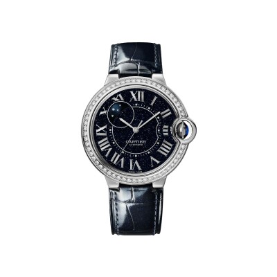 Montre Ballon Bleu de Cartier 36mm, mouvement automatique, or gris, diamants, cuir