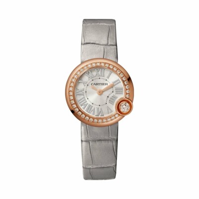 Montre Ballon Blanc de Cartier 26mm, mouvement quartz, or rose, diamants, cuir