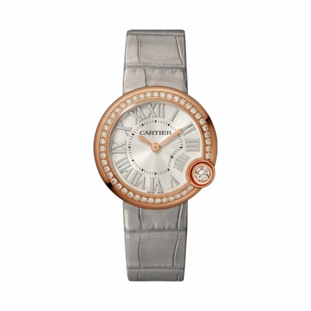 Montre Ballon Blanc de Cartier 30mm, mouvement quartz, or rose, diamants, cuir