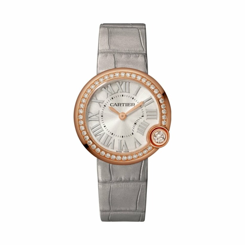 Ballon Blanc de Cartier watch, 30mm, quartz movement, rose gold, diamonds, leather