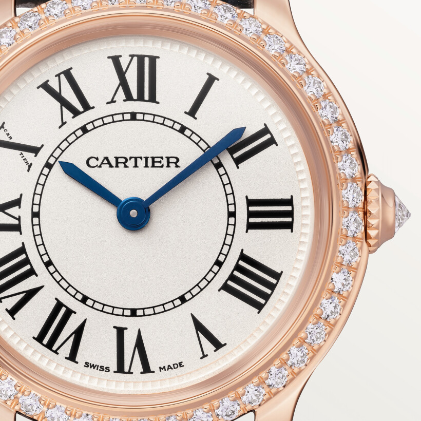 Ronde Louis Cartier watch 29 mm, quartz movement, rose gold, diamonds, leather
