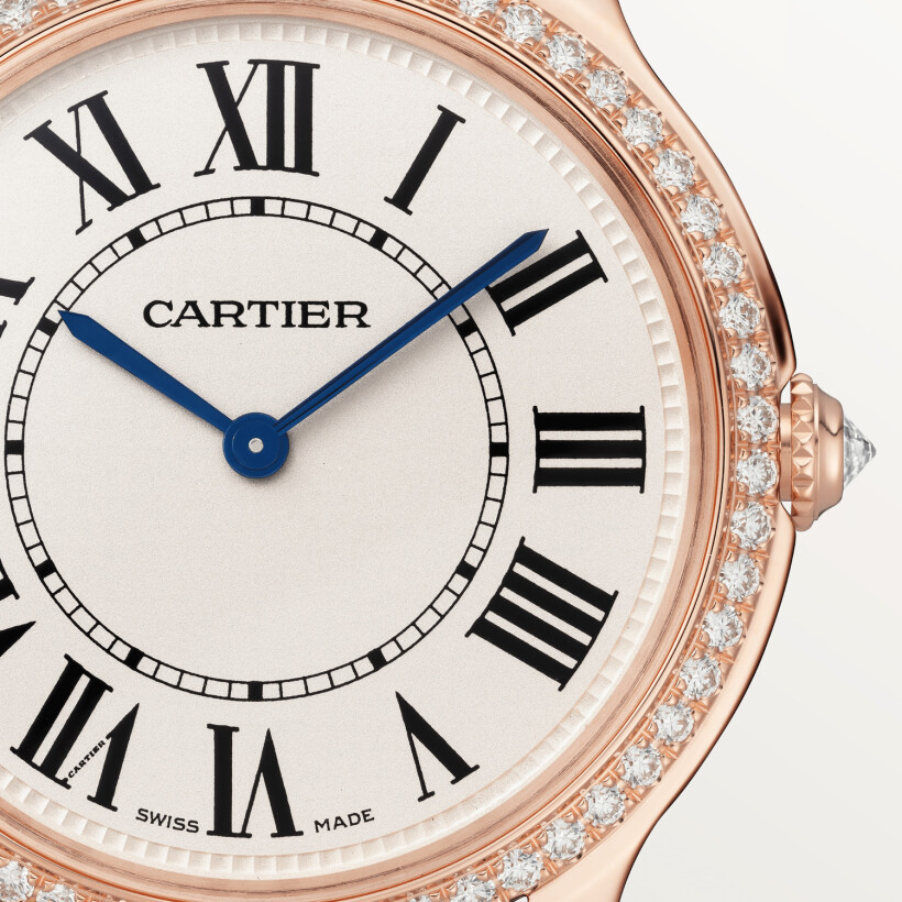 Montre Ronde Louis Cartier 36mm, mouvement quartz, or rose, diamants, cuir