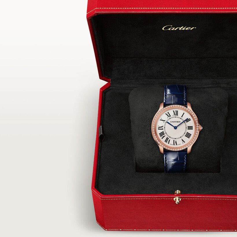 Ronde Louis Cartier watch 36 mm, quartz movement, rose gold, diamonds, leather