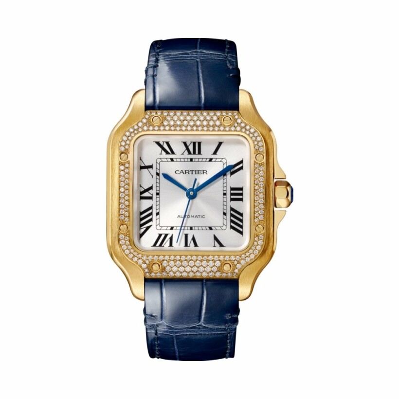 Santos de Cartier watch, Medium model, automatic movement, yellow gold, diamonds, 2 interchangeable leather bracelets