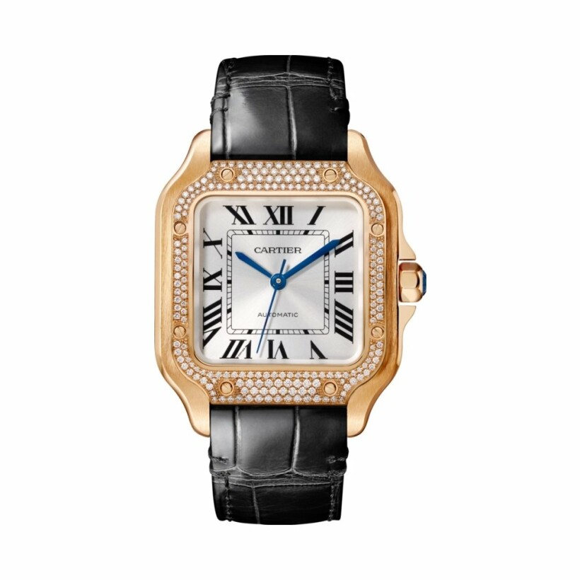 Santos de Cartier watch, Medium model, automatic movement, rose gold, diamonds, 2 interchangeable leather bracelets