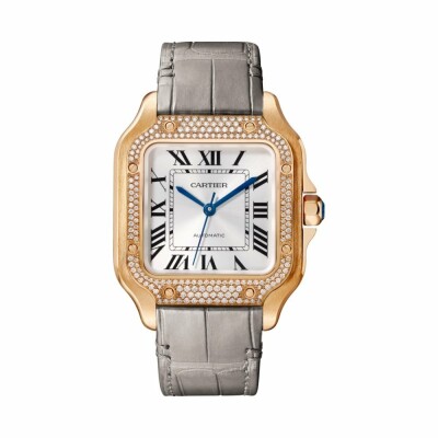 Santos de Cartier watch, Medium model, automatic movement, rose gold, diamonds, 2 interchangeable leather bracelets