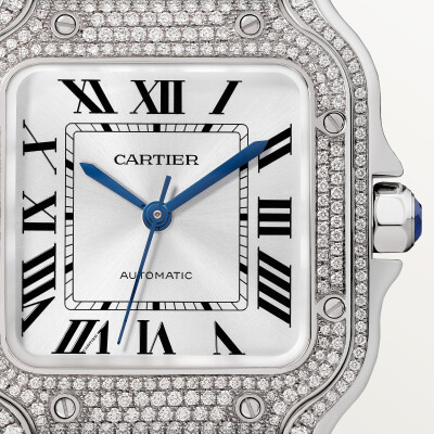 Montre Santos de Cartier Moyen modèle, mouvement automatique, or gris, diamants, 2 bracelets cuir interchangeables