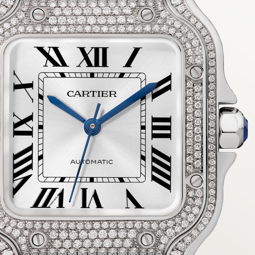 Santos de Cartier watch, Medium model, automatic movement, white gold, diamonds, 2 interchangeable leather bracelets