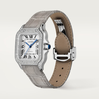 Montre Santos de Cartier Moyen modèle, mouvement automatique, or gris, diamants, 2 bracelets cuir interchangeables