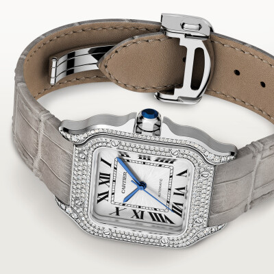 Montre Santos de Cartier Moyen modèle, mouvement automatique, or gris, diamants, 2 bracelets cuir interchangeables