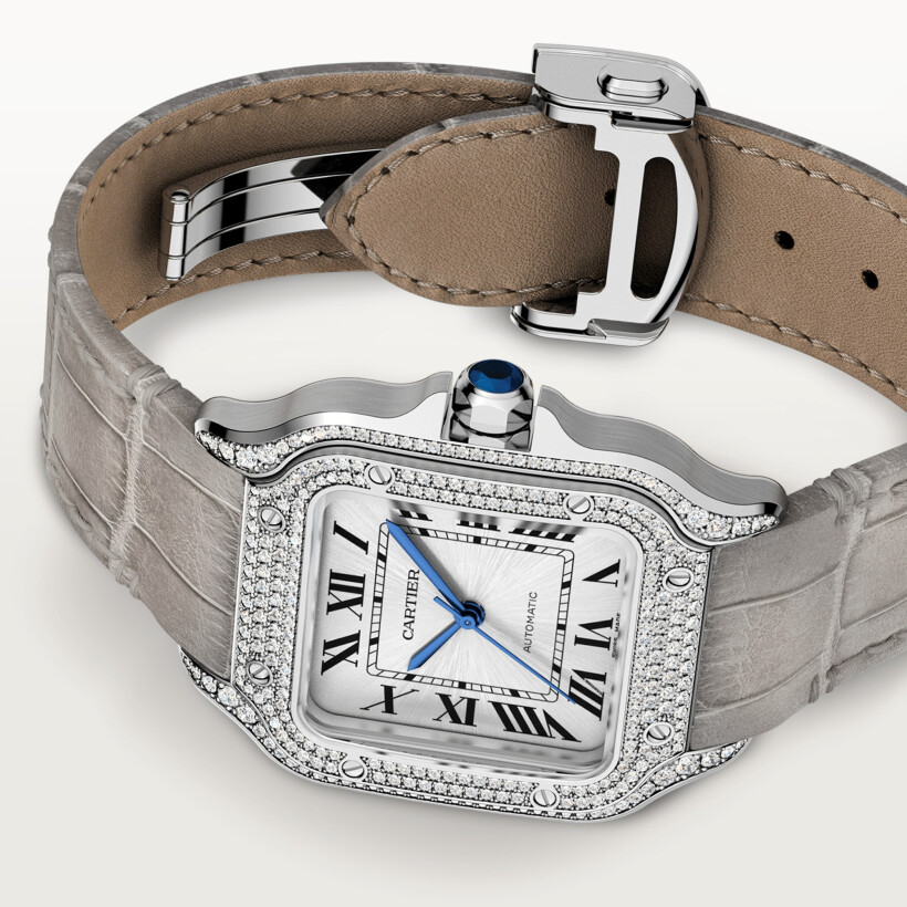 Montre Santos de Cartier Moyen modèle, mouvement automatique, or gris, diamants, 2 bracelets cuir interchangeables