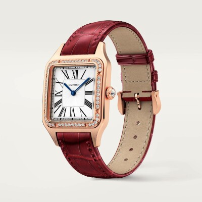 Montre Santos-Dumont Grand modèle, mouvement quartz, or rose, diamants, cuir