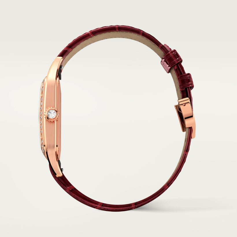 Santos-Dumont watch, Large model, quartz movement, rose gold, diamonds, leather
