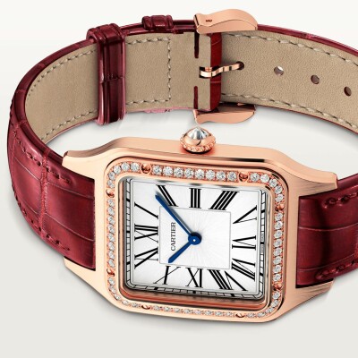 Santos-Dumont watch, Large model, quartz movement, rose gold, diamonds, leather