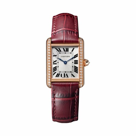 Montre Tank Louis Cartier Petit modèle, mouvement mécanique manuel, or rose, diamants, cuir