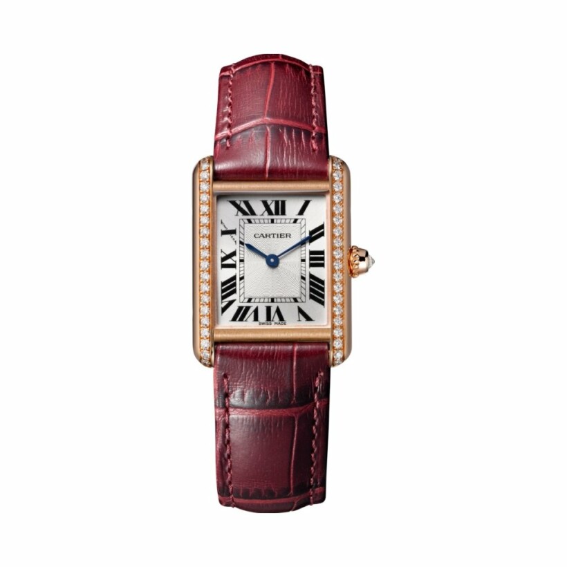 Tank Louis Cartier watch, Small model, hand-wound mechanical movement, rose gold, diamonds, leather