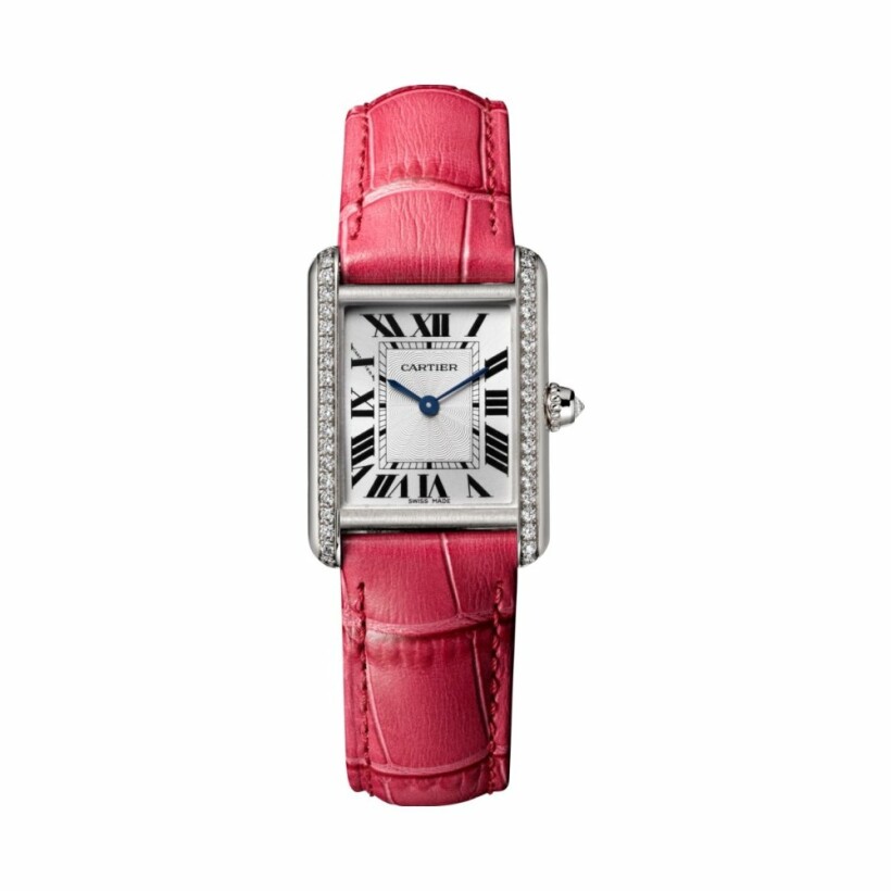 Tank Louis Cartier watch, small model, hand-wound mechanical movement, white gold, diamonds, leather