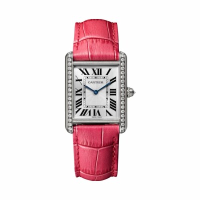 Montre Tank Louis Cartier, Grand modèle, or gris rhodié, cuir, diamants