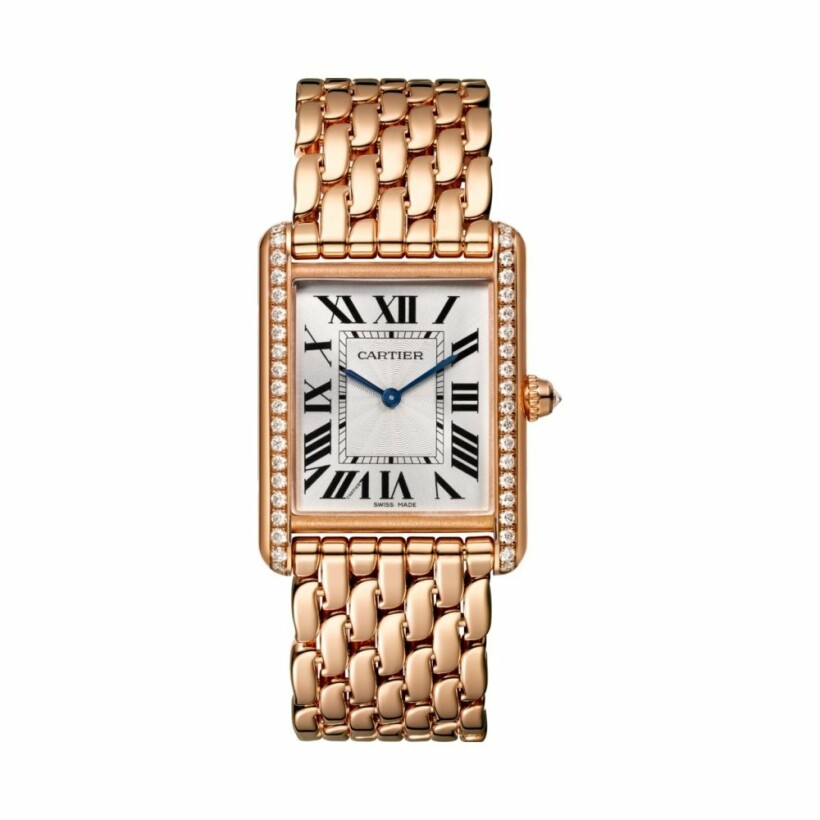 Tank Louis Cartier watch, Large model, hand-wound mechanical movement, rose gold, diamonds