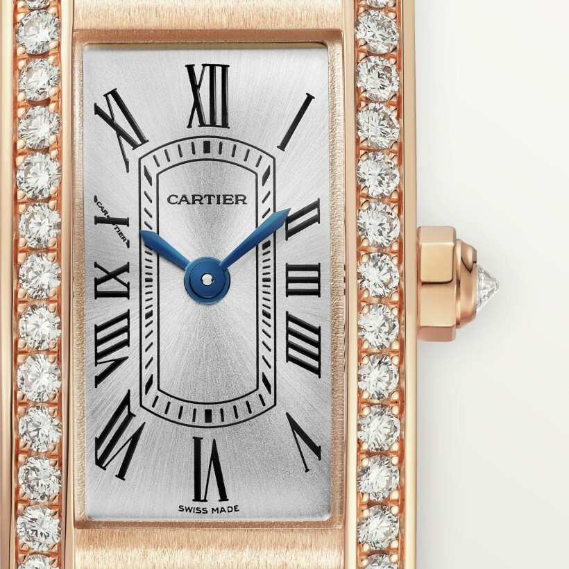 Cartier Tank Américaine watch Mini model, quartz movement, rose gold, diamonds, leather