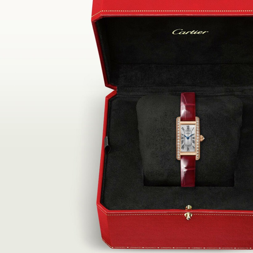 Cartier Tank Américaine watch Mini model, quartz movement, rose gold, diamonds, leather