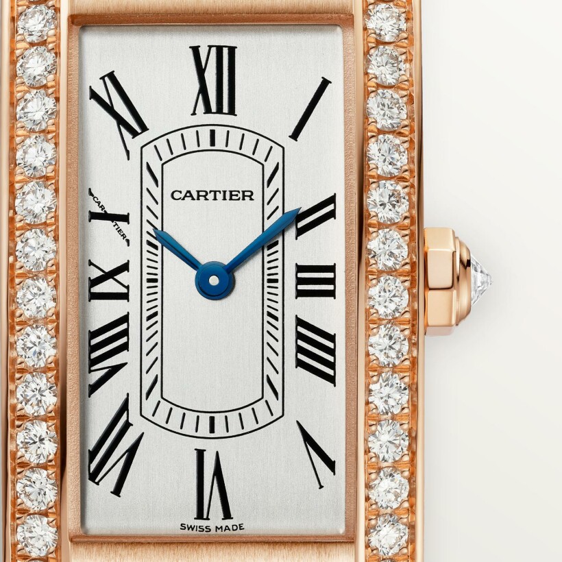 Montre Cartier Tank Américaine Petit modèle, mouvement quartz, or rose, diamants, cuir