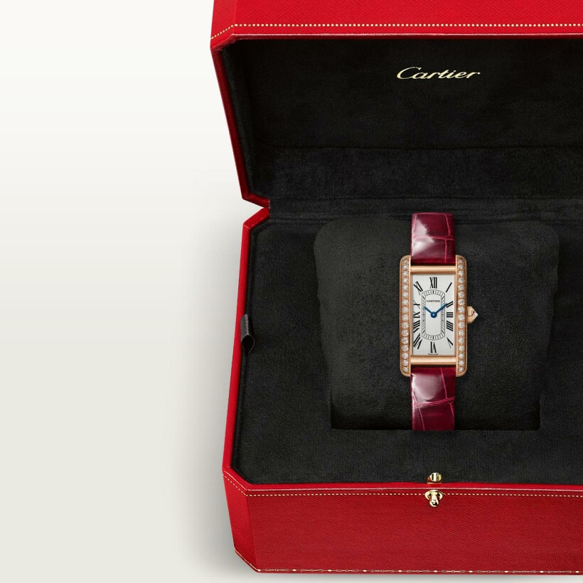 Montre Cartier Tank Américaine Petit modèle, mouvement quartz, or rose, diamants, cuir