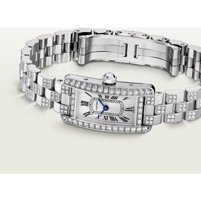 Montre Tank Américaine de Cartier Mini modèle, mouvement quartz - haute autonomie, or gris, diamants