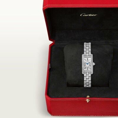 Montre Tank Américaine de Cartier Mini modèle, mouvement quartz - haute autonomie, or gris, diamants