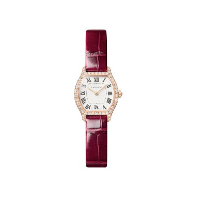 Montre Tortue Mini modèle, mouvement quartz, or rose, diamants, cuir