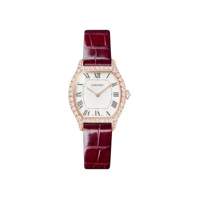 Montre Tortue Petit modèle, mouvement quartz, or rose, diamants, cuir