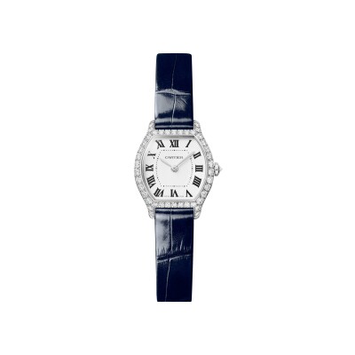 Montre Tortue Mini modèle, mouvement quartz, or gris, diamants, cuir